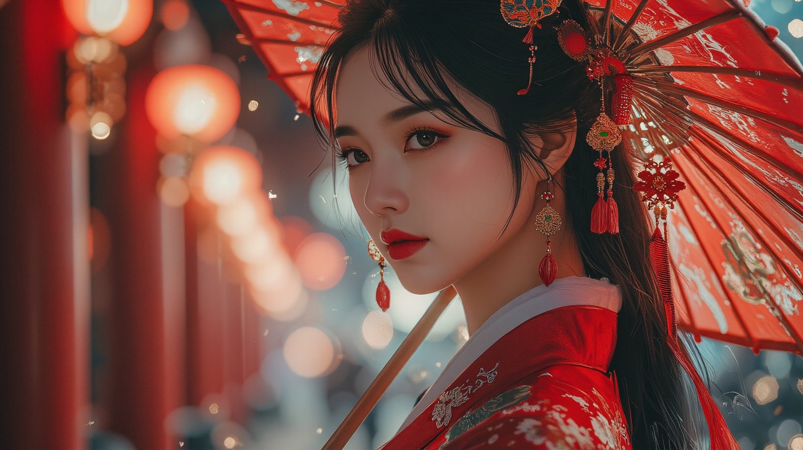 photorealism, (upper body), (portrait:1.2), KOLNB,Hanfu,Eroflo, a woman, beautiful face, red dress, japanese umbrella, bokeh, Chinese festival street, (nigh street:1.2), depth of field, columns, temple, lanterns.
Best quality, uhd, 8k, hyper detailed,Ahri