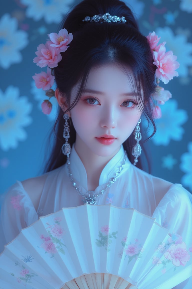 A close-up waist shot of a Asian woman in a white chinese clothes with a silver necklace and earrings. She is holding a white fan with Jade ornaments . The woman's hair is adorned with pink flowers adding a touch of beauty to the scene. creating a soft focus on the woman's face. neon lighting. (cover the background wall with light blue flowers:1.3), (looking at viewer, upper body),RHAngel