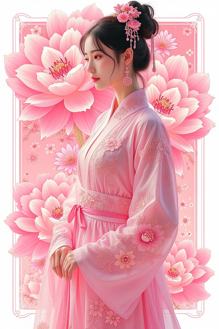 woman, upper body, portrait, (snicker design with white border:1.2), background with hundred of lines shape, pink background, (detailed outfit), (under her body is huge blooming flower:1.2), (huge blooming flower on the background:1.2), intricate, masterpiece, (2D illustrator:1.2), best quality, highres, girly color, pink pastel background, (highly detail)., KOLNB