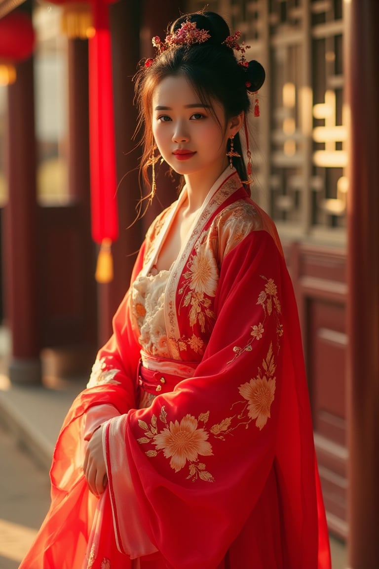 1 girl, (photorealistic:1.2), KOLNB, hanfu, red dress in the chinese tenple, 35mm, f/8, cinestill 50D