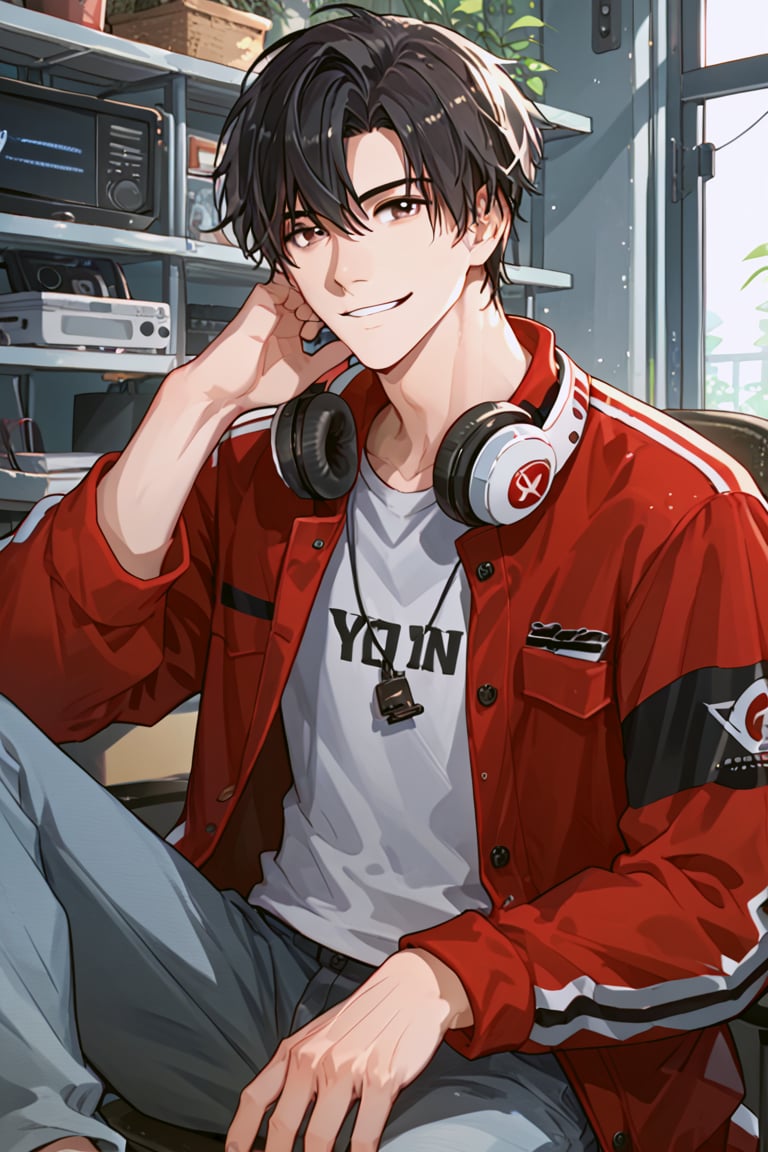 male focus,source_anime,score_4_up,score_5_up,score_6_up,score_7_up,score_8_up,score_9,male focus,black hair,Yexiu,brown eyes,headphone,sitting,face focus,looking_at_viewer,smile,red jacket