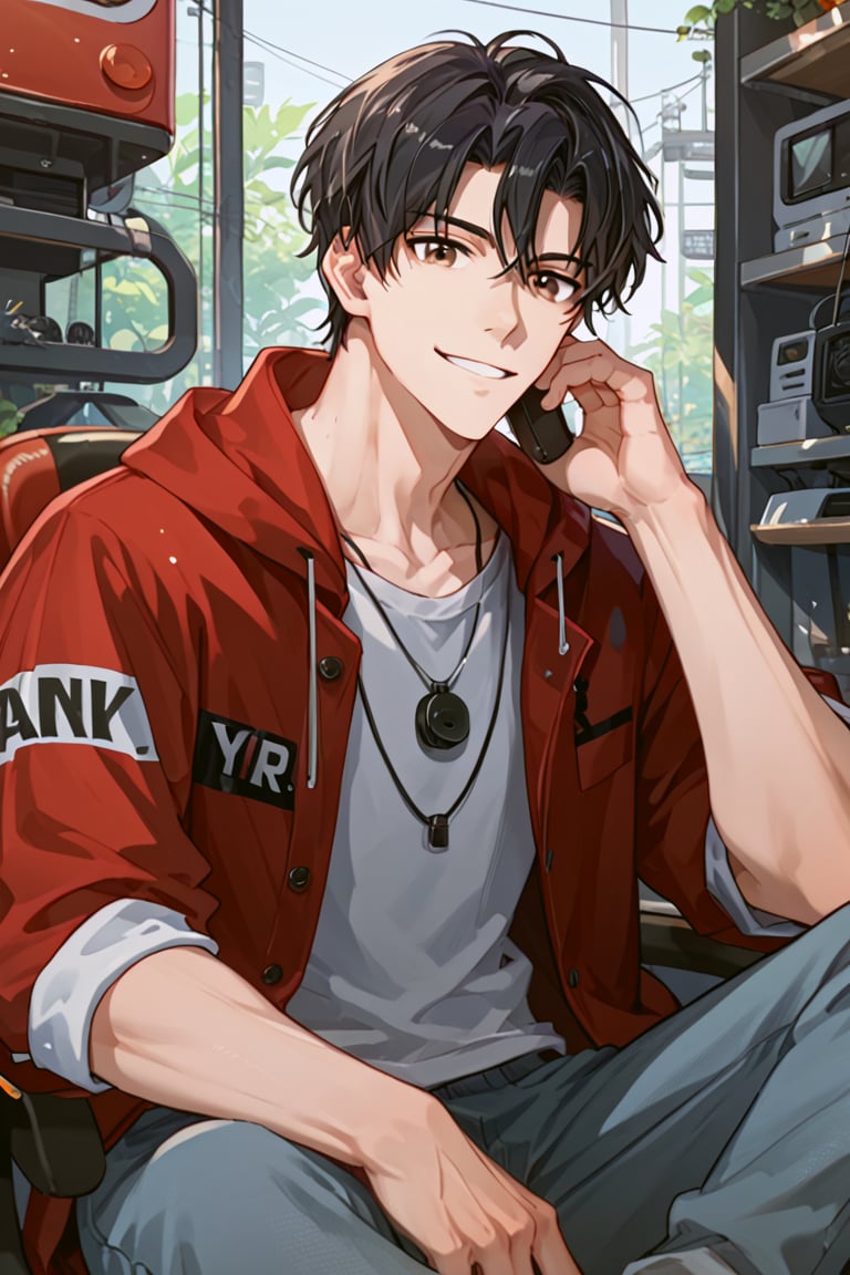 male focus,source_anime,score_4_up,score_5_up,score_6_up,score_7_up,score_8_up,score_9,male focus,black hair,Yexiu,brown eyes,headphone,sitting,face focus,looking_at_viewer,smile,red jacket