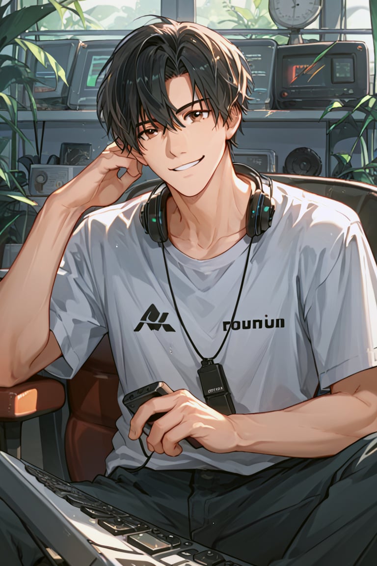 male focus,source_anime,score_4_up,score_5_up,score_6_up,score_7_up,score_8_up,score_9,male focus,black hair,Yexiu,brown eyes,headphone,sitting,face focus,looking_at_viewer,smile