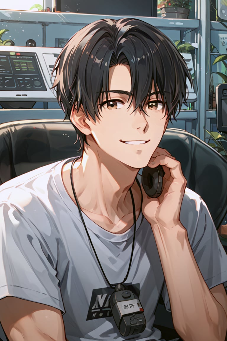 male focus,source_anime,score_4_up,score_5_up,score_6_up,score_7_up,score_8_up,score_9,male focus,black hair,Yexiu,brown eyes,headphone,sitting,face focus,looking_at_viewer,smile