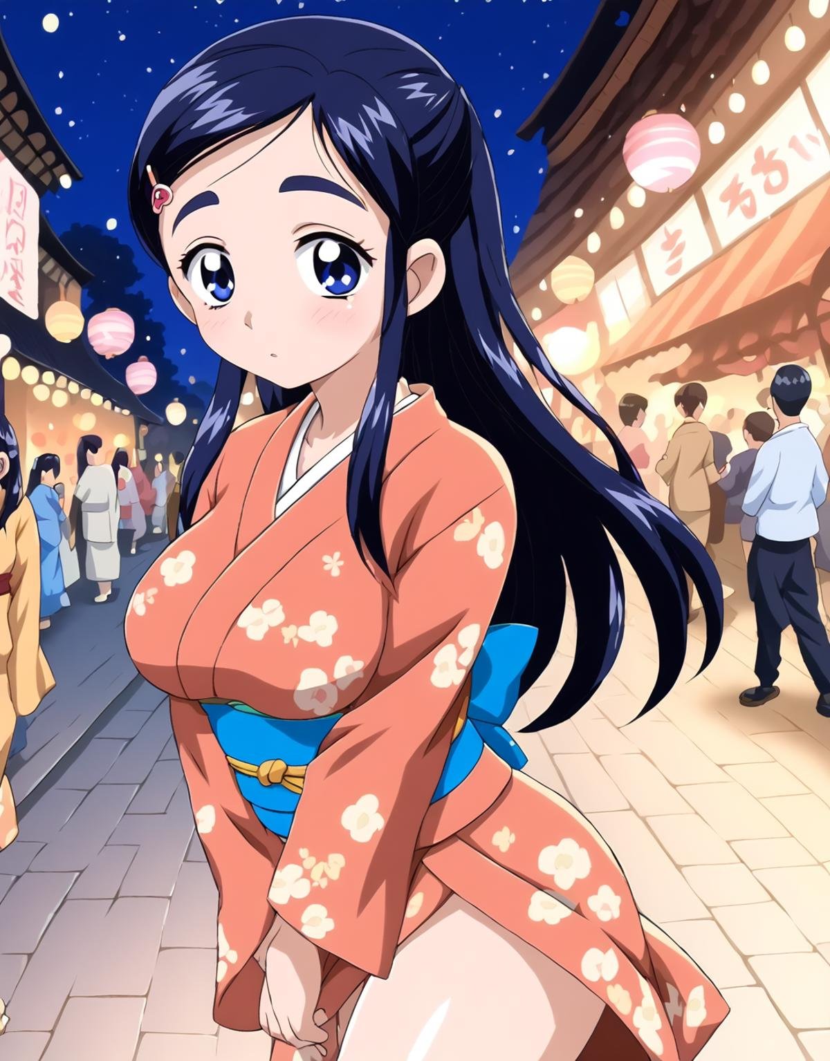 score 9, score 8 up, score 7 up, rating questionable,detailed background,<lora:honoka.pony:1>,honoka, large breasts, thighs, shiny skin,looking at viewer, blush, half-closed eyes, kimono, festival, street, crowds, v arms, night, 