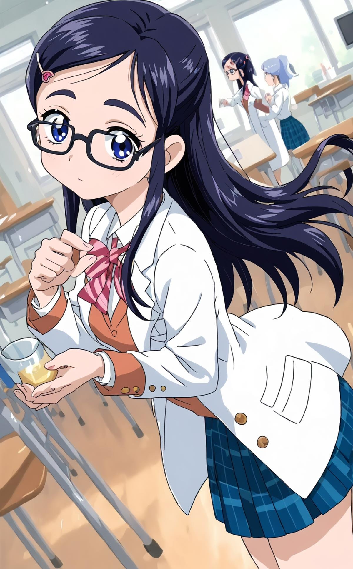 score 9, score 8 up, score 7 up, rating questionable, <lora:honoka.pony:1>,honoka,medium breasts, looking at viewer, glasses, lab coat, school uniform, 