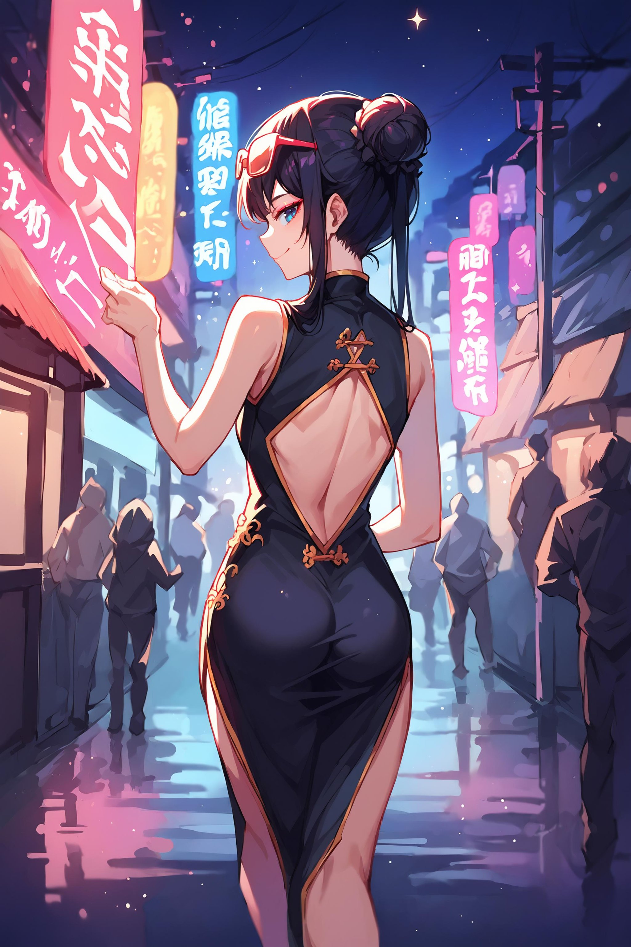 (score_9, score_8_up, score_7_up) BREAK source_anime,neon,1girl,solo,blue eyes,eyeshadow,black hair,long hair,double bun,eyewear on head,chinese clothes,china dress,black dress,smile,closed mouth,from behind,looking back,ass focus,cowboy shot,standing,outdoors,night,street,party,neon lights,reflection,sparkle,<lora:neon_v1:1>,