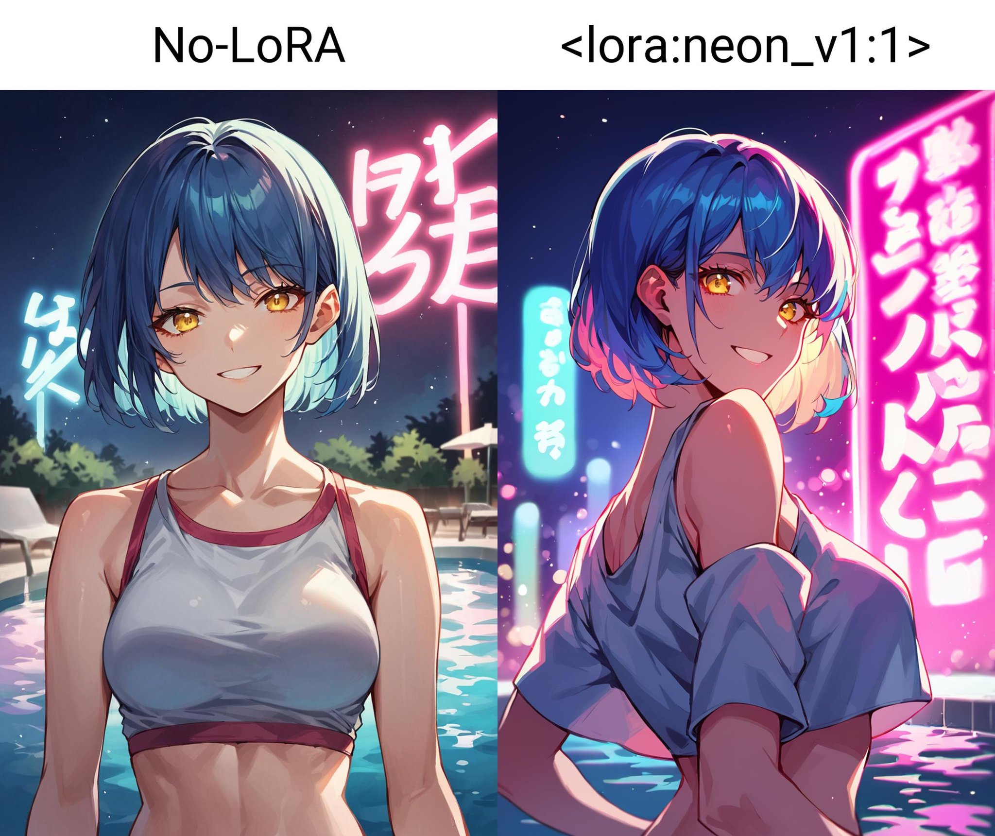 (score_9, score_8_up, score_7_up) BREAK source_anime,neon,1girl,solo,yellow eyes,blue hair,long hair,bob cut,crop top,smile,looking at viewer,upper body,outdoors,night,pool,party,neon lights,neon trim,reflection,No-LoRA,