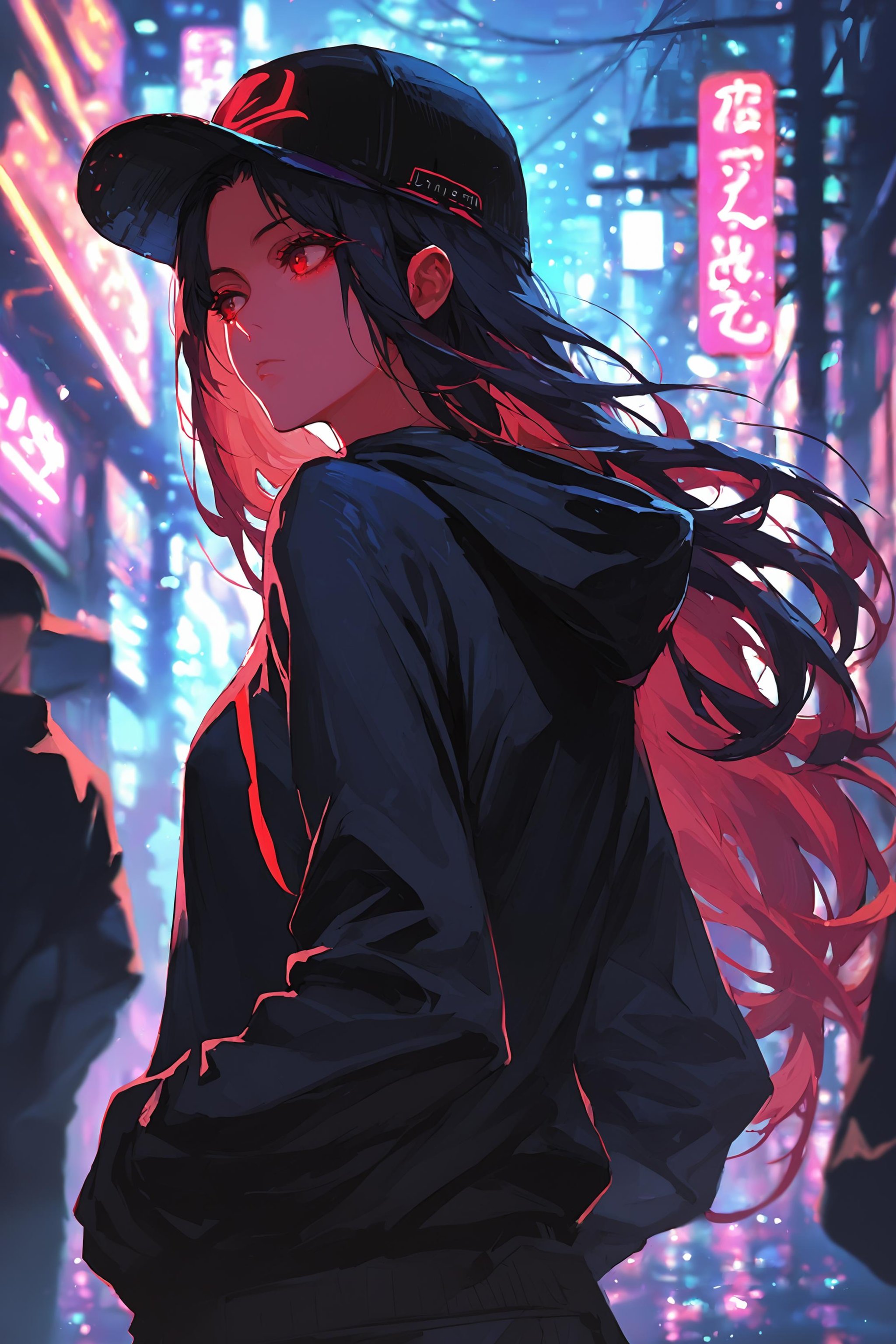 (score_9, score_8_up, score_7_up) BREAK source_anime,neon,1girl,solo,red eyes,black hair,long hair,baseball cap,black hoodie,expressionless,looking to the side,upper body,standing,outdoors,city,night,street,city lights,blurry,neon lights,<lora:neon_v1:1>,