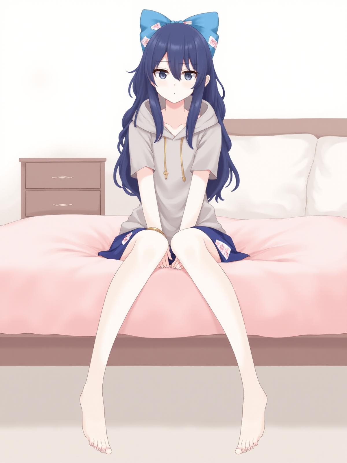 masterpiece,best quality,anime style,illustration,highres,1girl,solo,yorigami shion,blue bow,grey hoodie,blue skirt,bracelet,bare legs,barefoot,hands on lap,expressionless,looking at viewer,sitting,full body,room,on bed,<lora:9:1>,