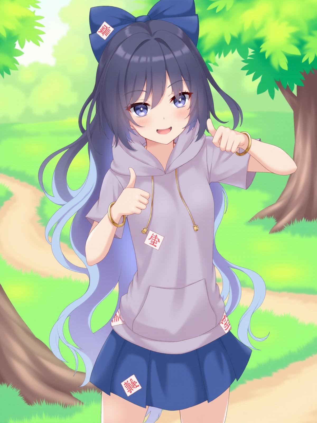 masterpiece,best quality,anime style,illustration,highres,1girl,solo,yorigami shion,blue bow,grey hoodie,blue skirt,bracelet,smile,thumbs up,looking at viewer,standing,(cowboy shot:1.2),outdoors,nature,tree,<lora:9:1>,