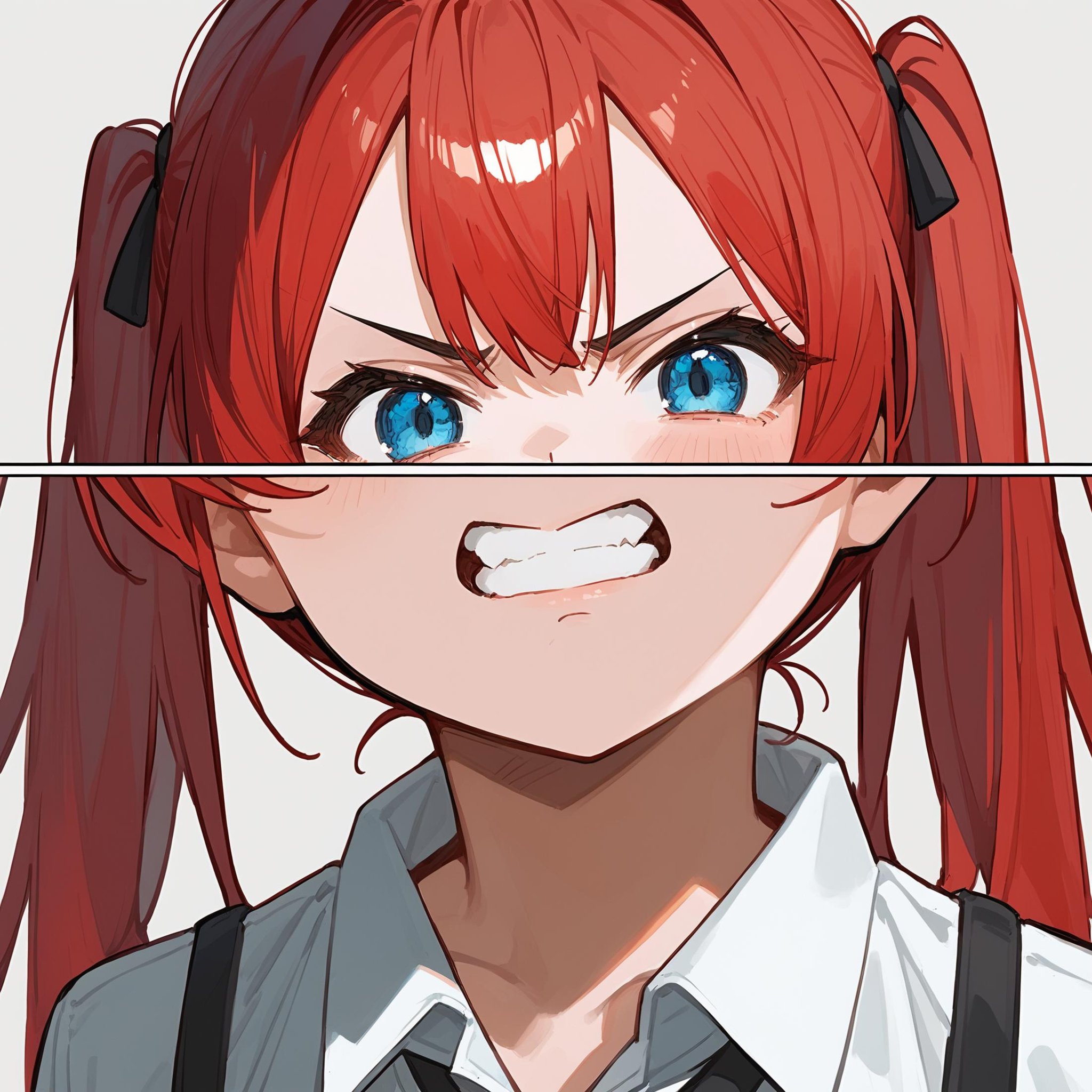 (score_9, score_8_up, score_7_up) BREAK source_anime, em storyboard,1girl,solo, blue eyes, red hair, long hair, twintails, collared shirt, v-shaped eyebrows, clenched teeth, angry, looking at viewer, close-up, simple background, <lora:em_storyboard:1>