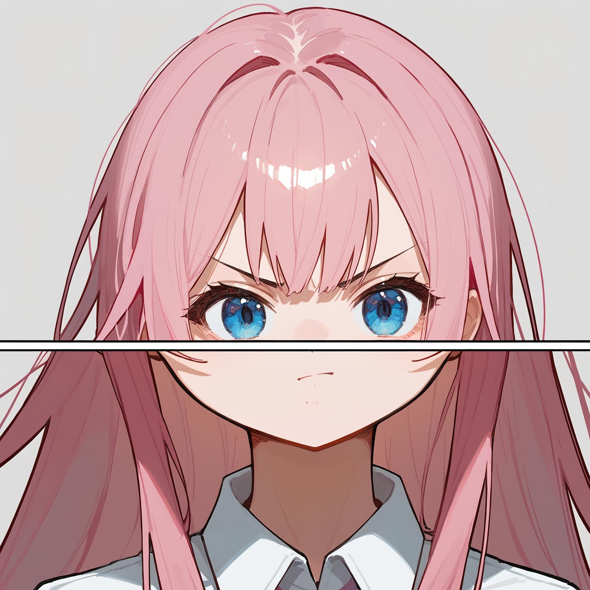 (score_9, score_8_up, score_7_up) BREAK source_anime, em storyboard, 1girl, solo, blue eyes, pink hair, long hair, very long hair, collared shirt, v-shaped eyebrows, closed mouth, looking at viewer, close-up, simple background, <lora:em_storyboard:1>