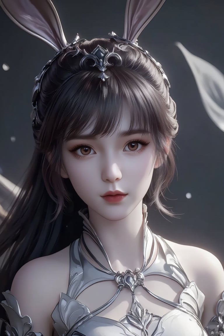 Produce a 4K, high-resolution masterpiece image of a graceful 1girl,xiaowu,black hair,Rabbit ears,The image is ultra-detailed and photorealistic, showcasing historical elegance. 