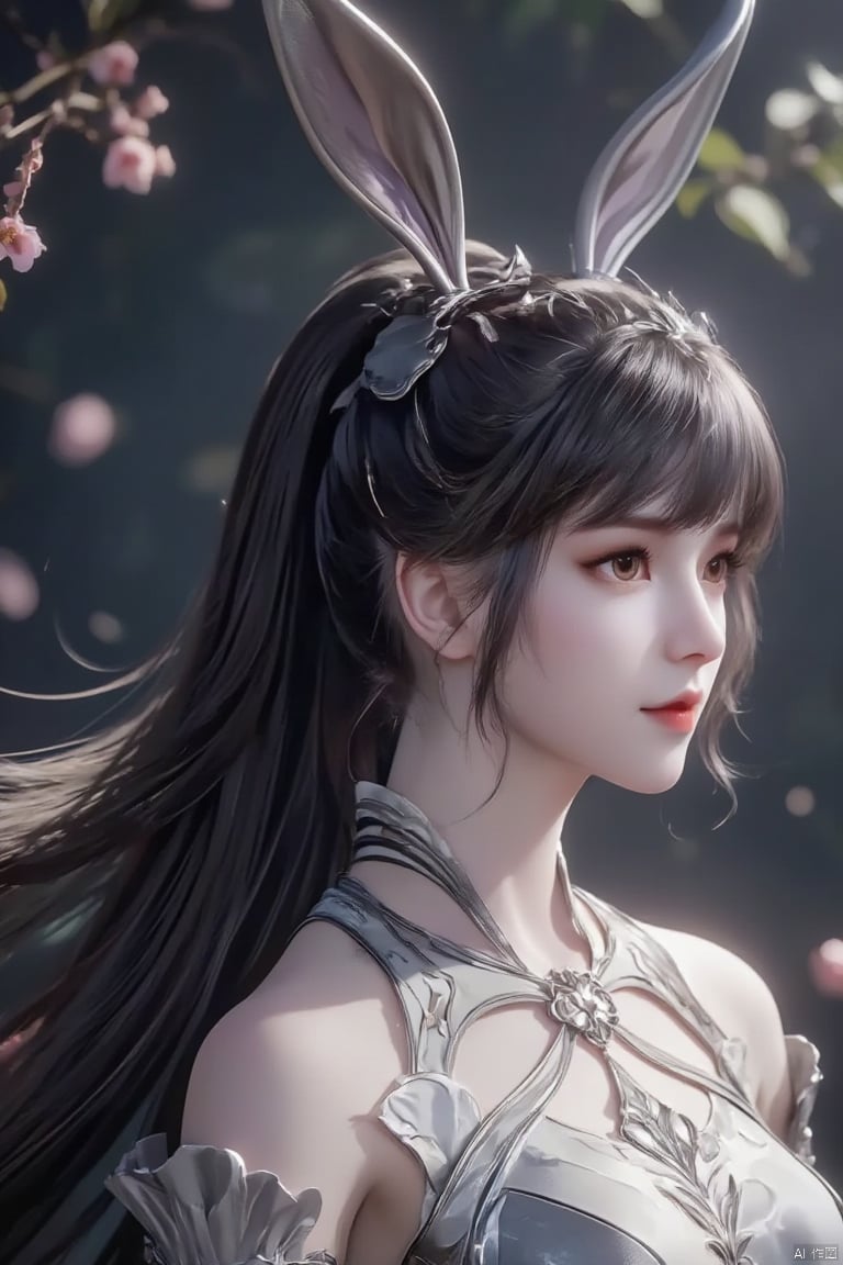 Produce a 4K, high-resolution masterpiece image of a graceful 1girl,xiaowu,black hair,Rabbit ears,The image is ultra-detailed and photorealistic, showcasing historical elegance. 