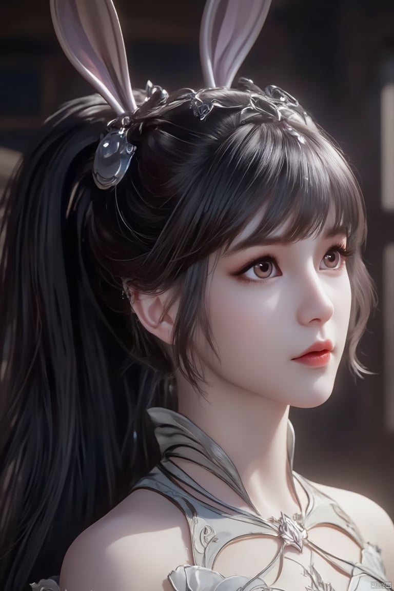 Produce a 4K, high-resolution masterpiece image of a graceful 1girl,xiaowu,black hair,Rabbit ears,The image is ultra-detailed and photorealistic, showcasing historical elegance. 