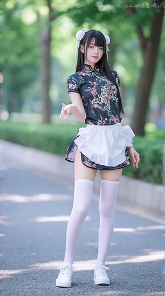  1girl,full body,street,city,standing,zhonghuaniang,park,long legs,thighhgihs,looking_at_viewer,white thighhighs