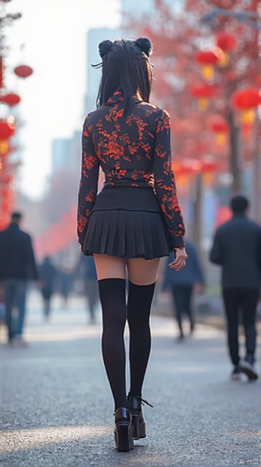  1girl,full body,street,city,standing,zhonghuaniang,park,long legs,thighhgihs