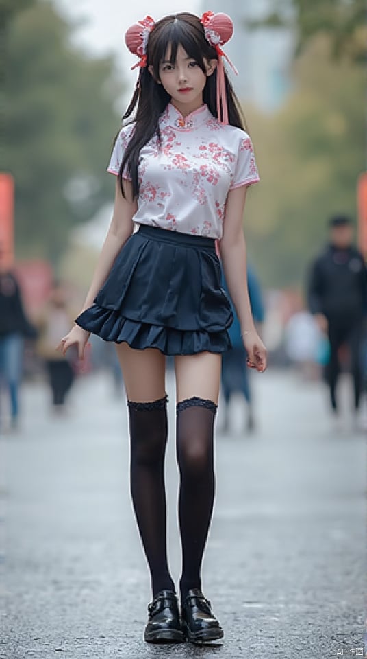  1girl,full body,street,city,standing,zhonghuaniang,park,long legs,thighhgihs,looking_at_viewer