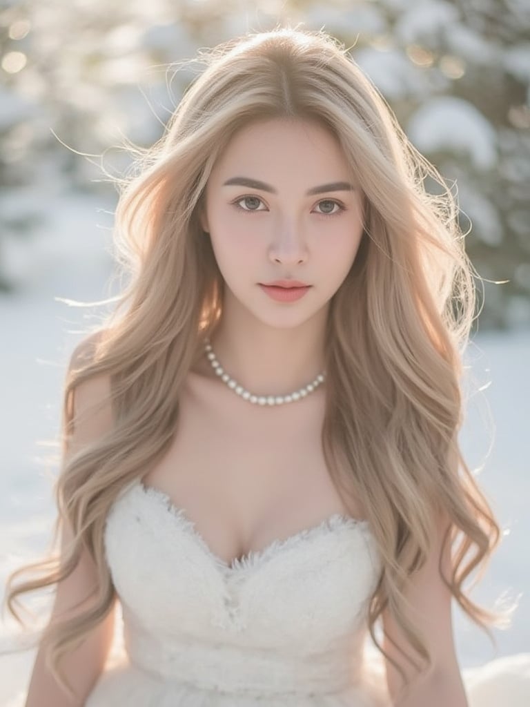 soft-focus portrait of a young woman with attractive brown round eyes, long blonde, flowing hair adorned with a pearl necklace , her gaze gentle and serene,wearing white feathers dress in a dreamy winter setting with soft, diffused lighting, lens flare 