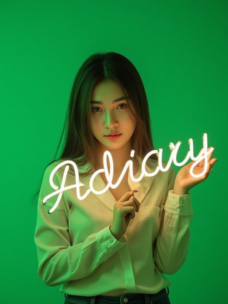 Thai girl with green simple background holding neon sign ‘Aidiary’