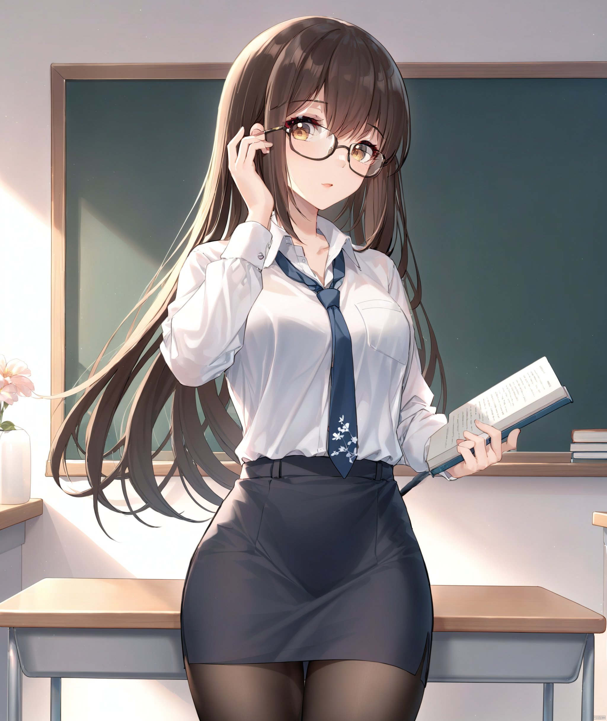 masterpiece,best quality,masterpiece,best quality, 
1girl, solo, looking at viewer, skirt, brown hair, shirt, holding, standing, cowboy shot, white shirt, flower, pantyhose, necktie, glasses, indoors, black skirt, book, chair, desk, pencil skirt, clock, adjusting eyewear, classroom, chalkboard, teacher, wall clock, Hermes, 
BREAK fine fabric emphasis,best quality,masterpiece,best quality,amazing quality,very aesthetic,absurdres,best quality,amazing quality,very aesthetic,absurdres,Highly detailed,best quality,masterpiece,Highly detailed,