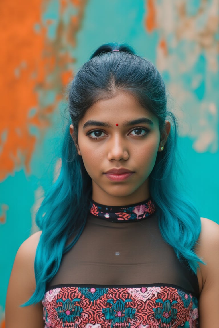 Cyberpunk theme , A stylish Mallu girl,v sexy figure poses confidently in a modern, non-traditional outfit adorned with traditional ornaments. She wears oversized, colorful hair ornaments and a bold, patterned turtleneck that stands out against a teal and orange background, graded with cinematic color tones. The scene captures a complex, action-oriented pose reminiscent of cyberpunk themes from Blade Runner and The Matrix, set in a highly stylized, photorealistic CGI environment. The abstract, textured background adds a pop art flair with bold, vibrant colors, enhancing the modern, high-quality 32K masterpiece. Studio lighting accentuates every detail, bringing a mix of traditional elements and futuristic vibes together in this dynamic compositionstunning, 

 hybrid female, , masterpiece, RAW,, ultra realistic, outdoors, ((blue hair)), (hair ornament), reah, long blue hair, looking at viewer, perfect face, see through top, stairs, facing viewer, blue glows, Science Fiction, sexy, 32K, 8k HD, Circle, high quality, Ocean Goddess, portrait,  bracelet

 
complexity, ((Wide angle shot)), hyper minimalism, hyperrealism, high detail, 8k, realistic, detailed, detailed acrylic, intricate complexity, photorealistic, back glow

cinematic angle, (cinematic shadows, bokeh, depth of field:1.3) , (High detail RAW Photo), (extremely detailed skin, photorealistic, heavy shadow, dramatic and cinematic 
In stunning HDR and UHD, this unreal engine creation pops with gorgeous light and shadow.,Sahana15 , create a text on background "PATTAPERUKKI" 