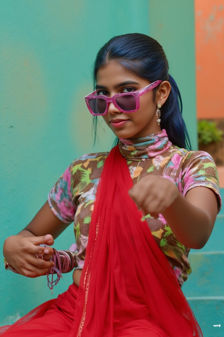 A stylish Mallu girl,v sexy figure poses confidently in a modern, non-traditional outfit adorned with traditional ornaments. She wears oversized, colorful sunglasses and a bold, patterned turtleneck that stands out against a teal and orange background, graded with cinematic color tones. The scene captures a complex, action-oriented pose reminiscent of cyberpunk themes from Blade Runner and The Matrix, set in a highly stylized, photorealistic CGI environment. The abstract, textured background adds a pop art flair with bold, vibrant colors, enhancing the modern, high-quality 32K masterpiece. Studio lighting accentuates every detail, bringing a mix of traditional elements and futuristic vibes together in this dynamic compositionstunning, 

 hybrid female, , masterpiece, RAW,, ultra realistic, outdoors, ((blue hair)), (hair ornament), reah, long blue hair, looking at viewer, perfect face, see through top, stairs, facing viewer, blue glows, Science Fiction, sexy, 4K, 8k HD, Circle, high quality, Ocean Goddess, portrait, red scarf, red cloak, red dress, bracelet,yui

 
,(layered complexity, ((Wide angle shot)), hyper minimalism, hyperrealism, high detail, 8k, realistic, detailed, detailed acrylic, intricate complexity, photorealistic, back glow

cinematic angle, (cinematic shadows, bokeh, depth of field:1.3) , (High detail RAW Photo), (extremely detailed skin, photorealistic, heavy shadow, dramatic and cinematic lighting, key light, fill light), sharp focus, cinematic, imperfect skin, fabrics, textures, detailed face, detailed skin, detailed fingers, NaturalHand2-3500, analog film photo Deep photo,depth of field,ferrania p30 film,shadows, perfect face and body, dimly lit, nervous, harsh camera flash, faded film, desaturated, 35mm photo, grainy, Kodachrome, Lomography, stained, highly detailed, found footage,, (black hair,
In stunning HDR and UHD, this unreal engine creation pops with gorgeous light and shadow.,Sahana15 