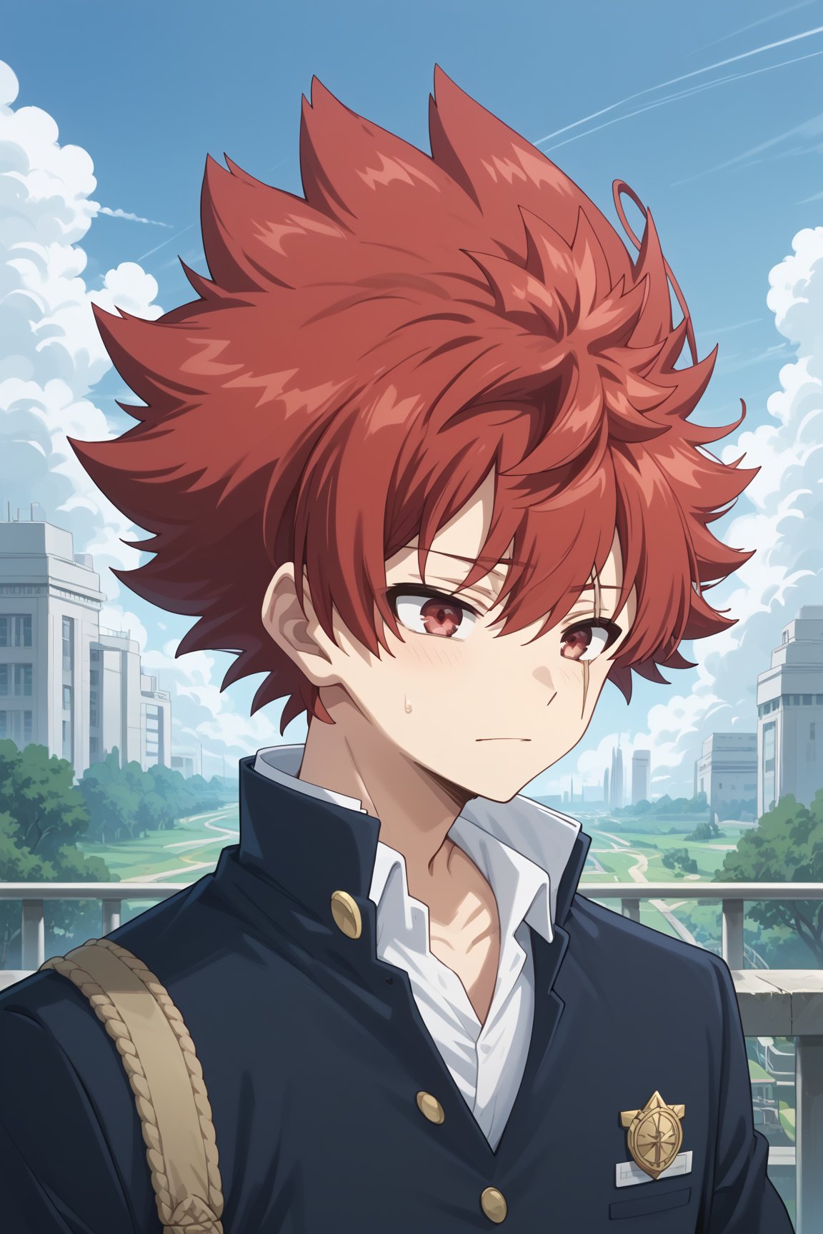 score_8_up, score_7_up, Expressiveh, masterpiece, best quality, best aesthetics, perfect anatomy, perfect proportions, high resolution, good colors, bright skin, good shading, countershading, well detailed background, BREAK, solo, 1boy, focus male, Asano_Taiyo, red hair, spiked hair, red eyes, scar on face, school uniform, BREAK, portrait