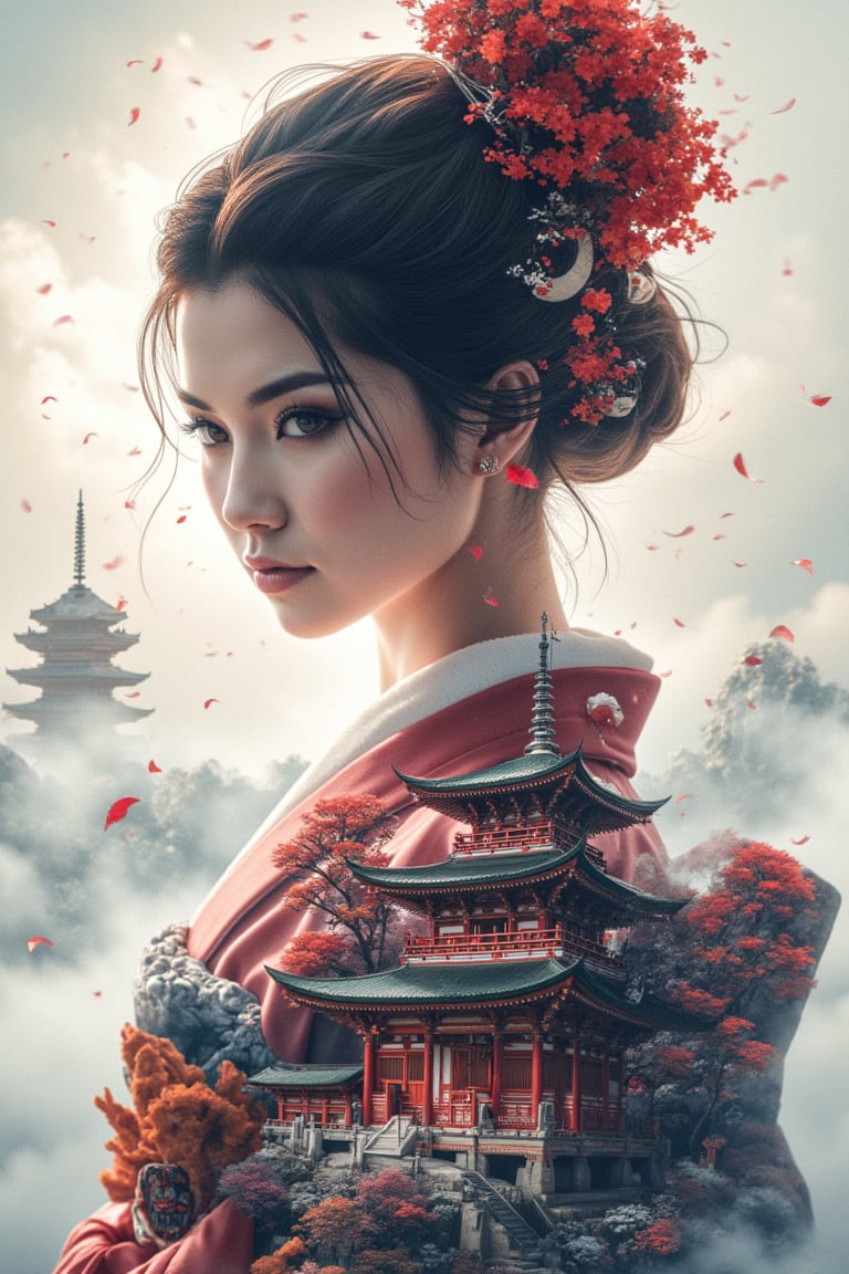 masterpiece, double exposure, image of a Japanese shrine maiden, filled with a shinto temple, highest definition, HD32K, wallpaper