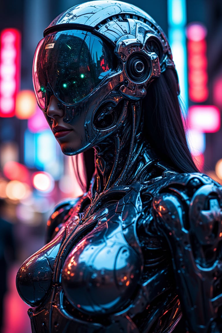 masterpiece, silhouette of a highly reflective sliver cyberpunk robot samurai woman, robot face with mirrored face shield, hyperdetailed helmet, her body reflecting a cyberpunk street scene of neon and bokeh, highest definition, HD32K, wallpaper, hyperdetailed, concept art, detailmaximizer