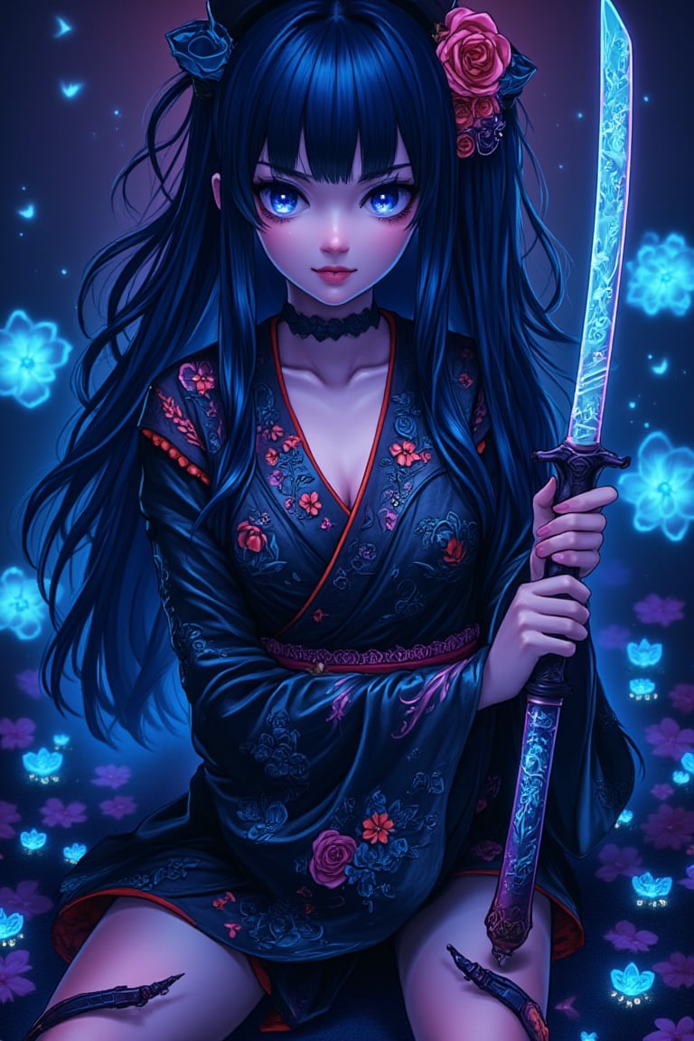 Best quality, neon light, a beautiful girl wearing intricate detailed black kimono holding an iridescence glowing katana, made of liquid metal, in a fantasy art style, with long dark blue hair, sitting on the ground covered in bioluminescence floral, with a highly detailed face and beautiful eyes, extream detail 