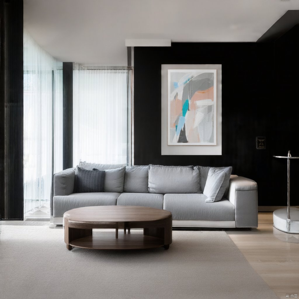 A modern living room with a cozy sofa and a low coffee table,abstract art paintings hanging on the wall,minimalist decor in whites and greys,natural light pouring through floor-to-ceiling windows,high-quality picture of a contemporary interior design,sharp focus,detailed textures.,fangzi