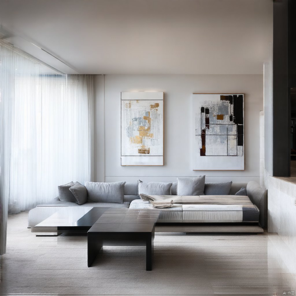 A modern living room with a cozy sofa and a low coffee table, abstract art paintings hanging on the wall, minimalist decor in whites and greys, natural light pouring through floor-to-ceiling windows, high-quality picture of a contemporary interior design, sharp focus, detailed textures.,fangzi