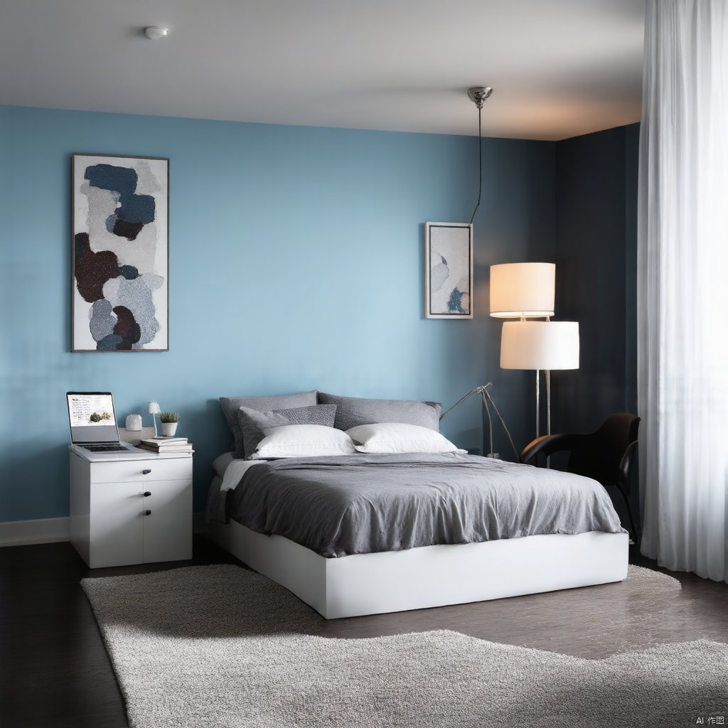 Modern style bedroom with a king-sized bed covered in gray sheets and several white pillows, light blue walls adorned with abstract art paintings, a white desk and chair in the corner with a laptop and books on it, accompanied by a tall floor lamp, dark wooden floors with a soft carpet in the center of the room, high quality detailed interior design rendering, sharp focus, photorealistic.,fangzi