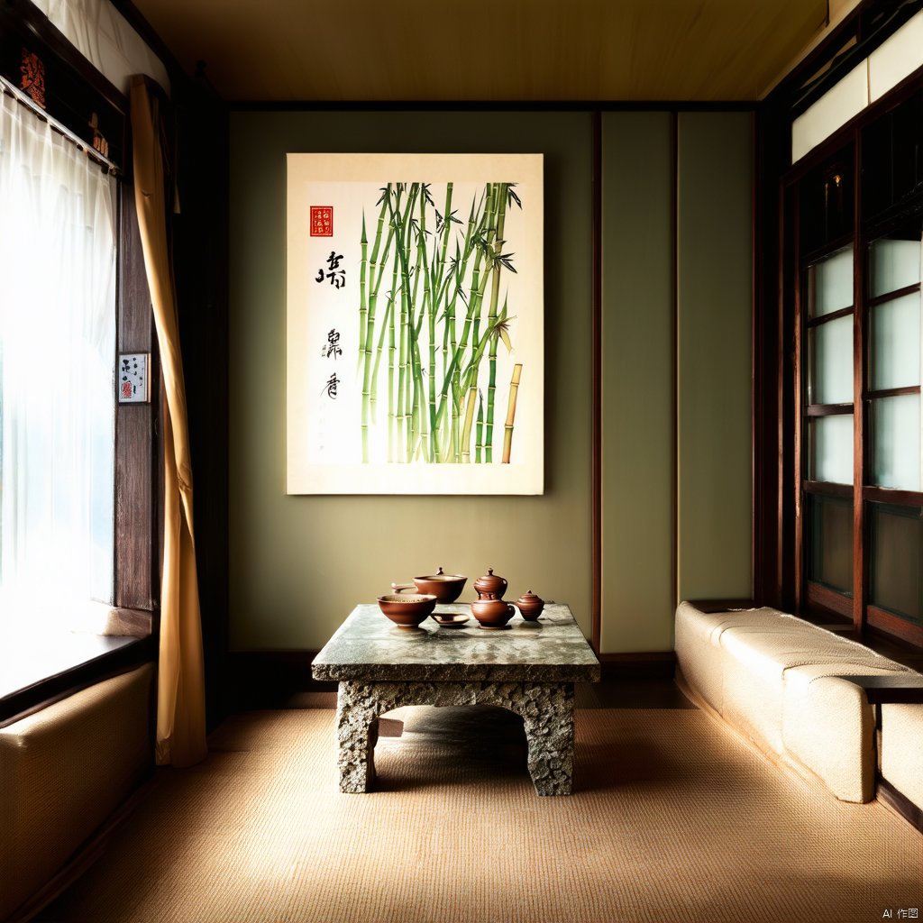 This is an elegant and quiet tea room. There is an ink painting of bamboo on the wall. In the middle is a stone coffee table with a Chinese tea set on it. The light from the window next to it shines softly, adding a warm feeling to the entire tea room.