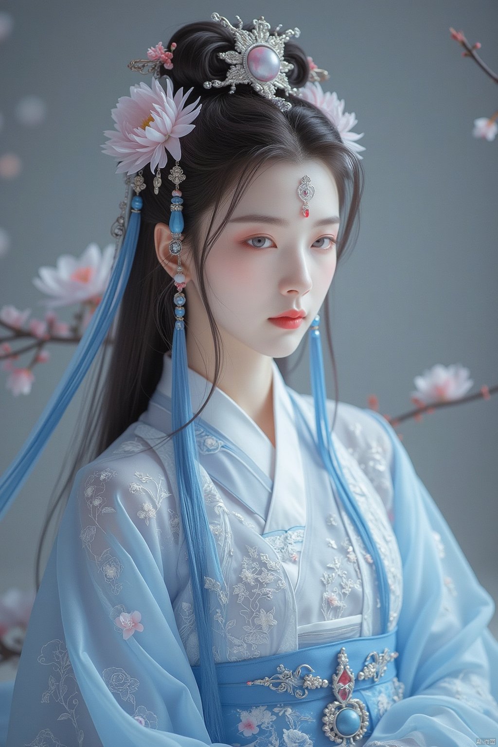 1girl, flower, solo, hair ornament, hanfu, black hair, jewelry, hair flower, chinese clothes, long sleeves, dress, full body, long hair, earrings, hair bun, sash, forehead mark, holding, necklace, closed mouth, blue dress