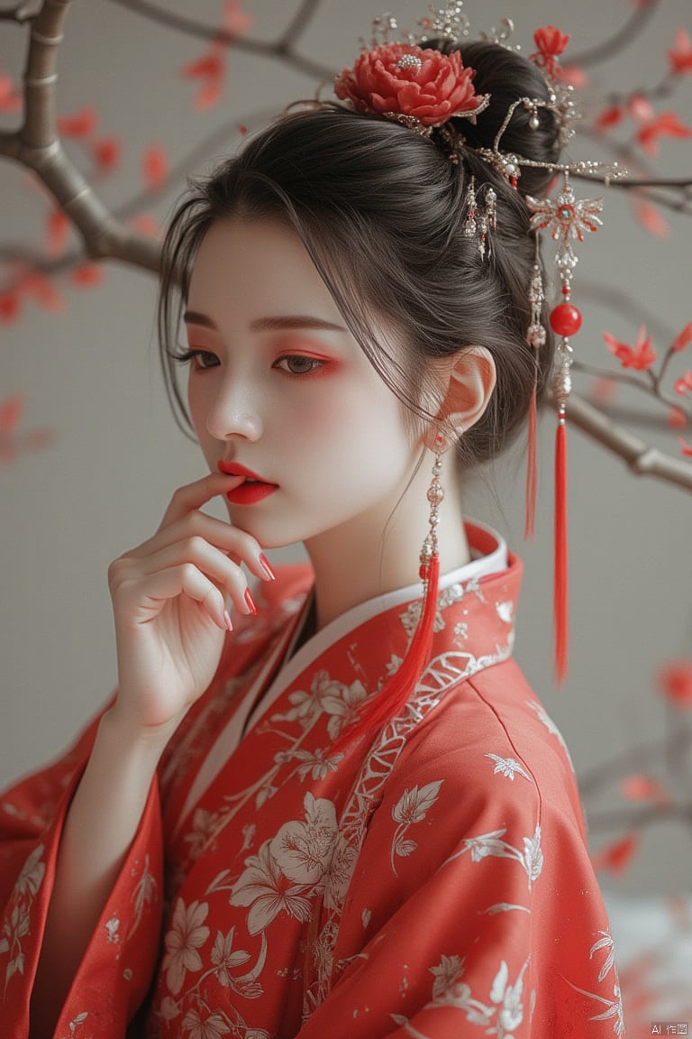 1girl, solo, jewelry, earrings, hair ornament, chinese clothes, hair bun, hanfu, red lips, upper body, black hair, long sleeves, hand up, shawl, makeup, red nails, single hair bun, red dress, from side, nail polish, bamboo, dress, finger to mouth, hand on own chin, updo, closed mouth, eyelashes, flower