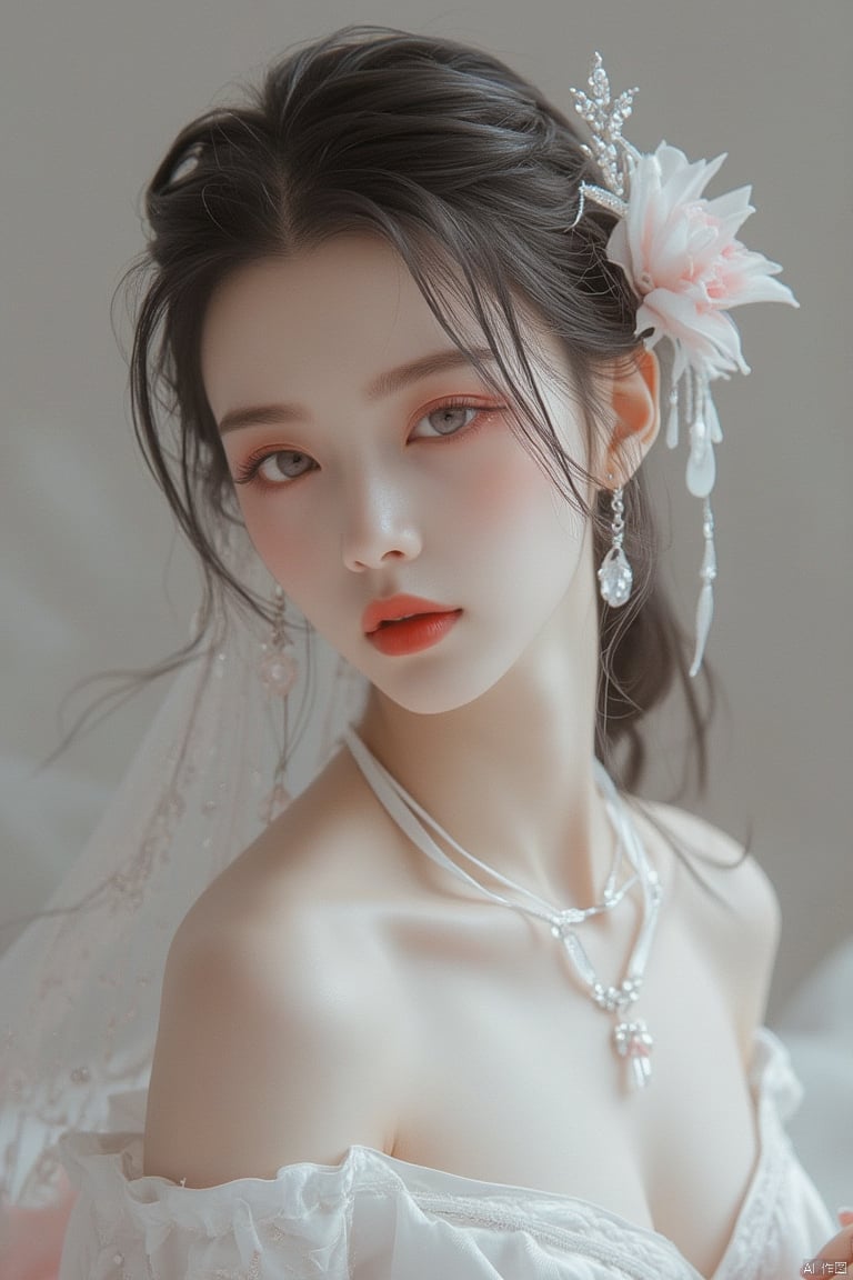 1girl, solo, looking at viewer, black hair, hair ornament, dress, holding, bare shoulders, jewelry, upper body, flower, earrings, parted lips, hair flower, necklace, off shoulder, white dress, mole, lips, mole under eye, bouquet, realistic,mzl