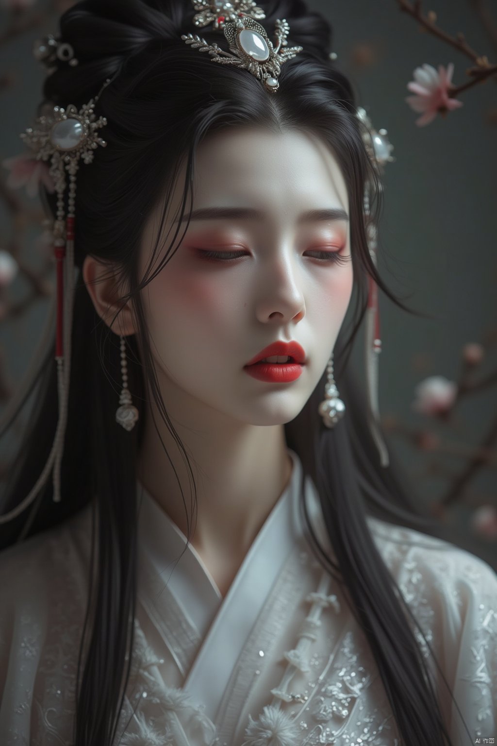 1girl, solo, long hair, black hair, hair ornament, jewelry, closed eyes, upper body, earrings, parted lips, blurry, lips, makeup, crying, gem, red lips