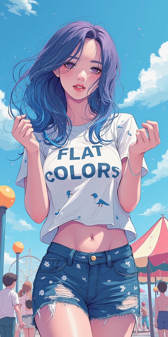 ((best quailty)), a waist high flat illustration portrait with palette knife painting of a beautiful student model posing lively at an amusement parkt facing camera,kind simle, bliss, lipgloss, glowing skin, navel, floating bright plutinum hair, gradient hair colors, with plutinum and blue blended hair coloring for a woman, in bird patterns T-shirts with ripped dark denim shorts, holding a sign, perfect text ("Flat Colors FLUX"), The water splashes around her, creating a mesmerizing pattern, while droplets cling to her face and hair ,epic sky, wet on paper, wet splatters, ncg,