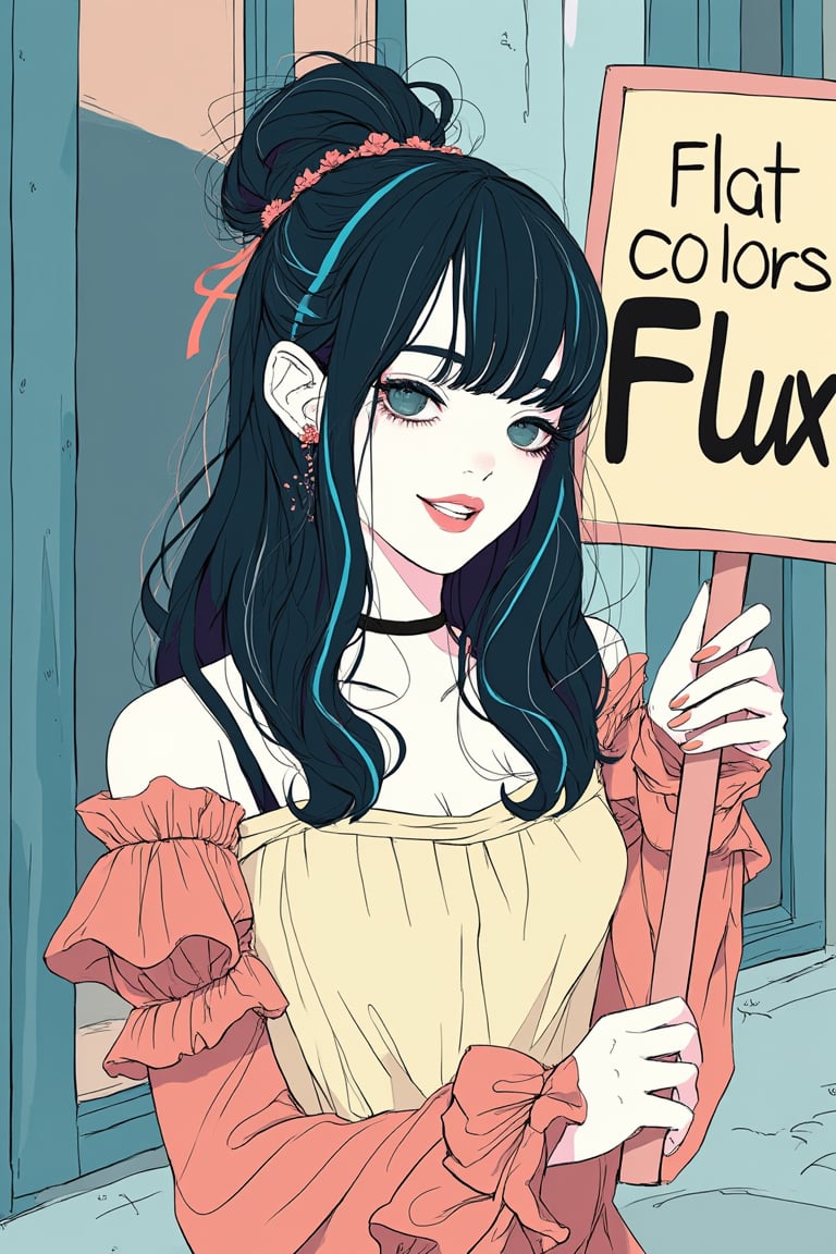 a chest up flat illustration portrait of a beautiful student model in expresssive intricate dress, long black hair with blue streak hair, chignon, choker, lively pose, holding a sign, perfect text ("Flat Colors Flux"), casual street background, in only four colors,flat colors