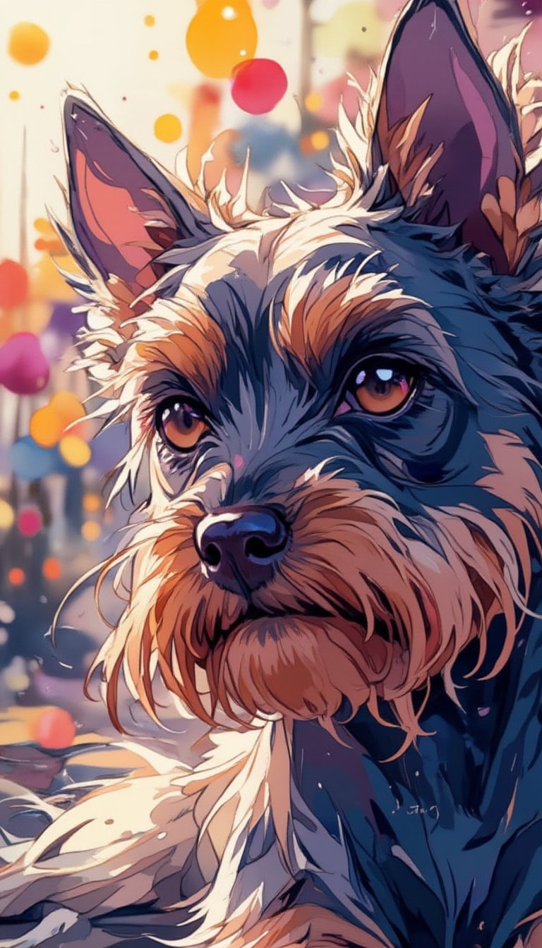 A mesmerizing, close-up depiction of a  a miniature schnauzer's piercing gaze, set against a vibrant watercolor background featuring colorful ink brushstrokes that dance across the canvas. Ink bubbles and drops adorn the scene, as if the art itself has come to life. The cat's whiskers quiver with intensity, drawing the viewer in, while the surrounding ink creates a sense of depth and dimensionality. A true masterpiece, this stunning digital artwork exudes professionalism and artistic mastery.,watercolor style