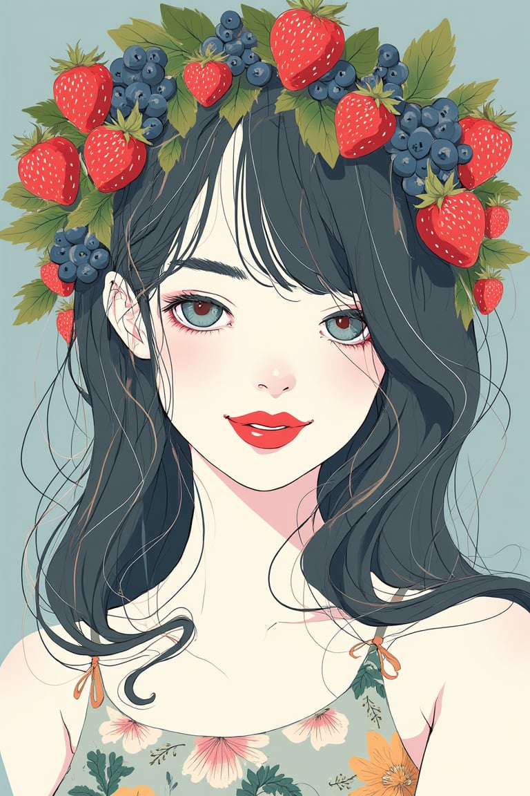 Soft focus close-up on a young woman's face, wreath-adorned, with a camisole featuring leafy and floral patterns. Her bright red lips curve into a gentle smile as she gazes directly at the camera. Surrounding her are lush bunches of strawberries and blueberries. Vines curl around her head, blending seamlessly into the illustration's frame. The composition adheres to the golden ratio, with a bold stroke of color defining the subject's profile. This UHD wallpaper features only four harmonious colors, culminating in a visually striking NCG (Nearly Colorless Gemstone) effect.,flat colors