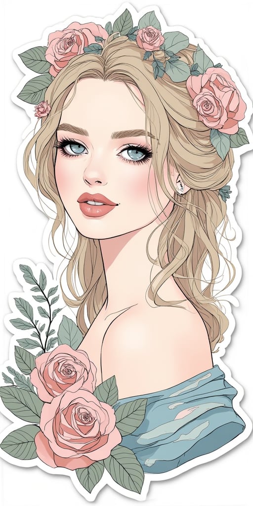 Generate a sticker design featuring a waist high portrait, blue eyes , peach lips , blonde hair, black eyeliner, prom hair style, wreath, necktop , roses, seashell, sea waves, print, perfect line work, collage-based, fashion illustrations, natural tones color palette, 