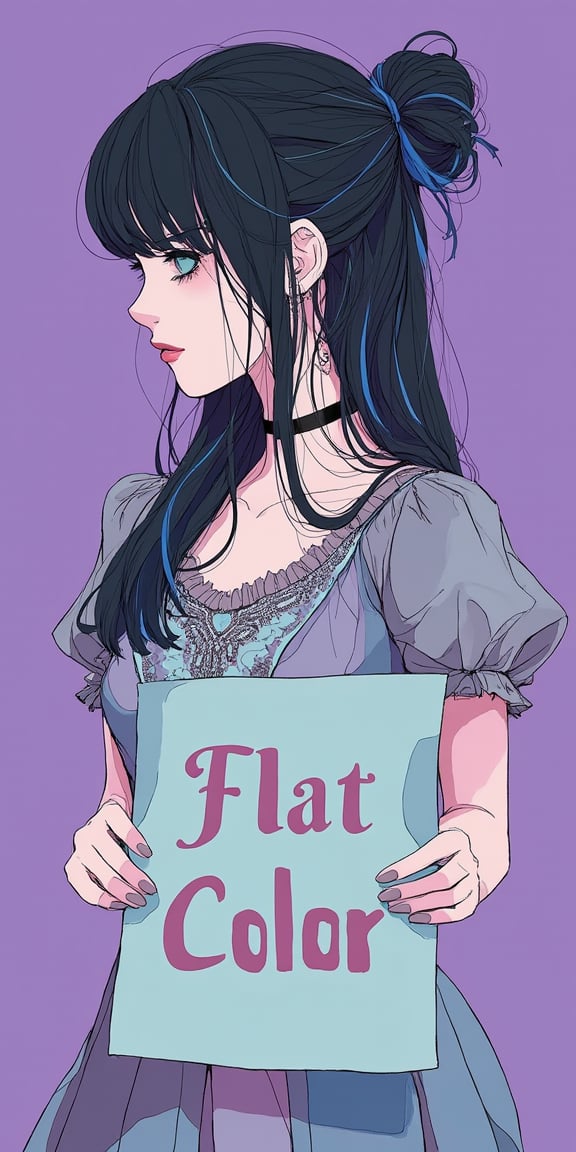 a chest up portrait of a beautiful student model in expresssive intricate dress, long black hair with blue streak hair, chignon, choker, holding a poster, beautiful bold typograhy of text: 'Flat Colors FLUX', casual street bg, in only four colors, purple background,flat colors