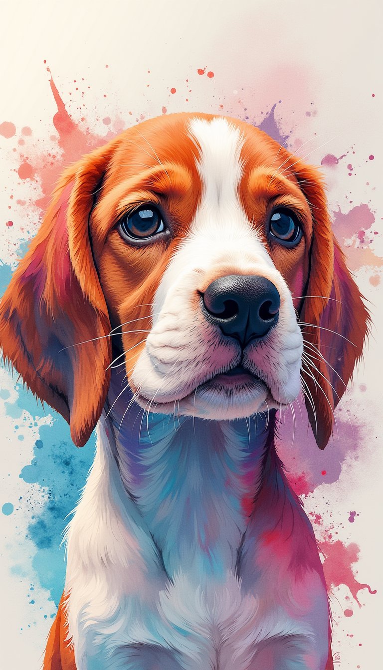 A mesmerizing, close-up depiction of a beagle puppy gazing, set against a vibrant watercolor background featuring vibrant ink brushstrokes that dance across the canvas. Ink bubbles and drops adorn the scene, as if the art itself has come to life. The dog's whiskers quiver with intensity, drawing the viewer in, while the surrounding ink creates a sense of depth and dimensionality. A true masterpiece, this stunning digital artwork exudes professionalism and artistic mastery.,watercolor style,