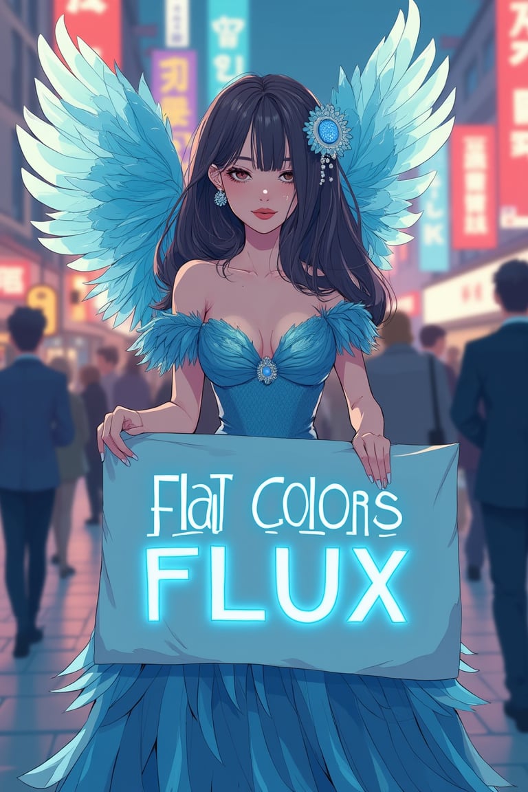  a flat color illustration, a beautiful young woman on crowded street holding a sign, perfect text ("Flat Colors FLUX"), azure feather dress, with glowing wings, hoarfrost feathers, (23yo), extending right arm to side, Alluring gaze, Captivating expression, perfect detailed face, dark eyes, detailed symmetric hazel eyes with circular iris, cute smiling, dark brown hair, detailed hairstyles, elaborative headset, glowing dark skin, princess eyes, realistic, Centered hipereallistic cover photo, awesome full color,flat color, in only four colors,flat colors