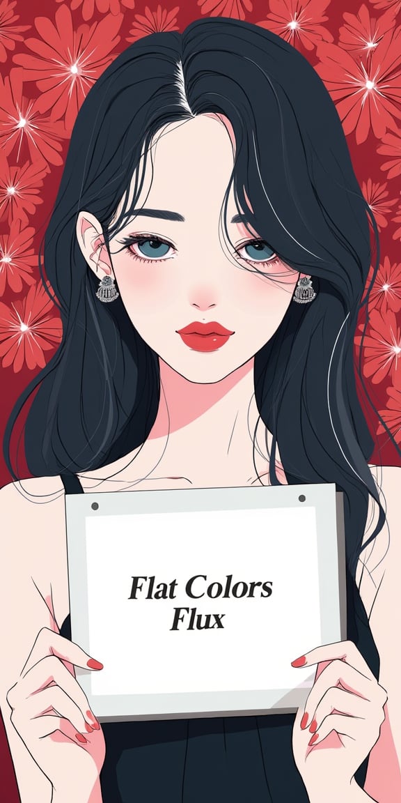 an advertising flat illustration, captured from a close-up, eye-level perspective, a beautiful young woman with long dark hair, holding a sign, perfect text ("Flat Colors Flux"), wearing a chic white and black dress, adorned with a silver earring and earrings. Her lips are painted a vibrant red, adding a pop of color to her face. Her eyes are a deep blue, and her eyelashes are a darker shade of blue. Her hair is cascading down her back, framing her face, adding depth to the composition. The background is a mix of red flowers, creating a vibrant contrast to her black dress.,flat colors