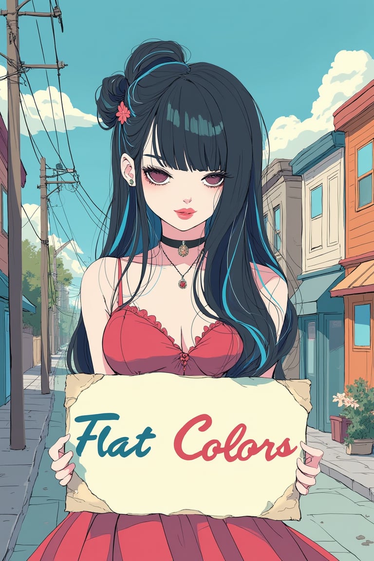 a chest up flat illustration portrait of a beautiful student model in expresssive intricate dress, long black hair with blue streak hair, chignon, choker, lively pose, holding a sign, perfect text ("Flat Colors"), casual street bg, flat colors, in only four colors,